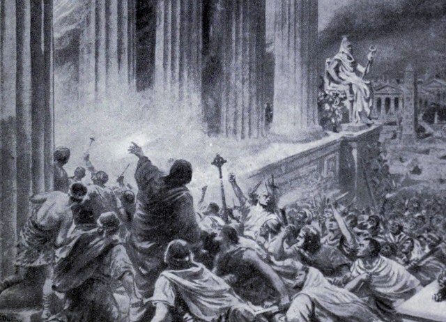 'The Burning of the Library at Alexandria in 391 AD' by Ambrose Dudley, c.1910 (The Stapleton Collection)