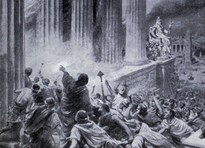 'The Burning of the Library at Alexandria in 391 AD' by Ambrose Dudley, c.1910 (The Stapleton Collection)