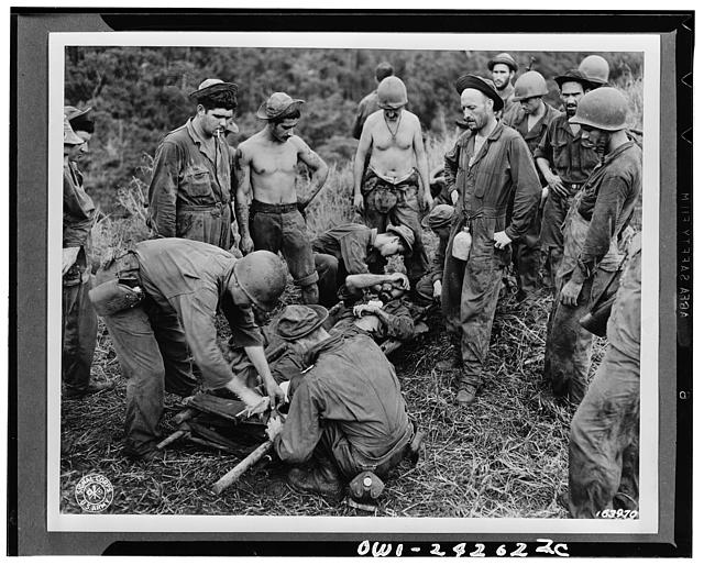 A casualty is ready for transport from the front line during the battle for Guadalcanal. (Library of Congress)