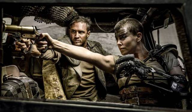 Tom Hardy and a one-armed Charlize Theron in 'Mad Max: Fury Road'